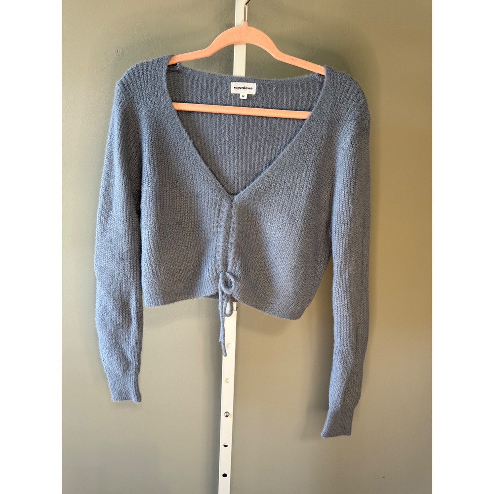 Revolve Superdown Ruched Cropped V-Neck Sweater Dusty Blue Y2K‎ M Coquette Twee